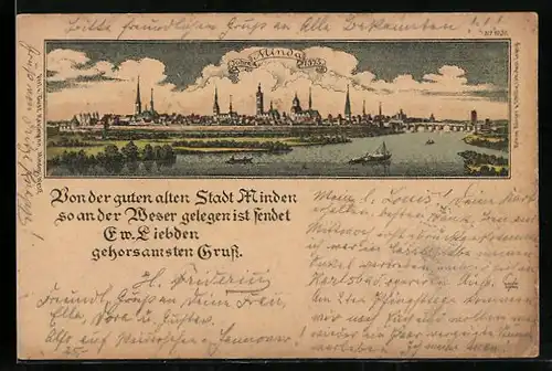 Lithographie Minden /Westf., Ruderboote vor dem Ort