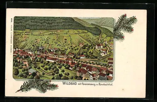 Lithographie Wildbad, Ortsansicht mit Panoramaweg und Rennbachthal