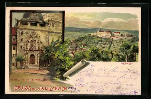 Künstler-AK Erwin Spindler: Kulmbach, Portal der Christiansburg, Panorama