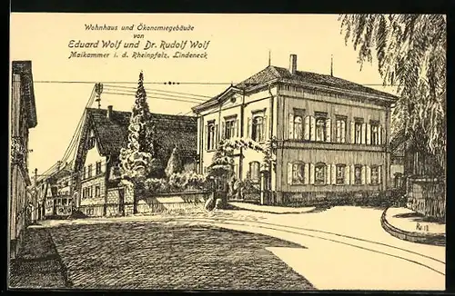 Künstler-AK Maikammer i. d. Rheinpfalz, Wohnhaus und Ökonomiegebäude von Eduard Wolf und Dr. Rudolf Wolf