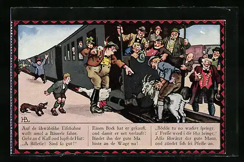 Künstler-AK Hans Boettcher: Bauer bindet seinen Ziegenbock ans Zugende der schwäbischen Eisenbahn