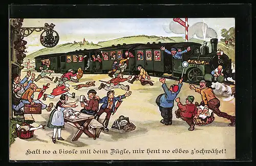 Künstler-AK Hans Boettcher: Szene auf dem Bahnsteig mit Eisenbahn