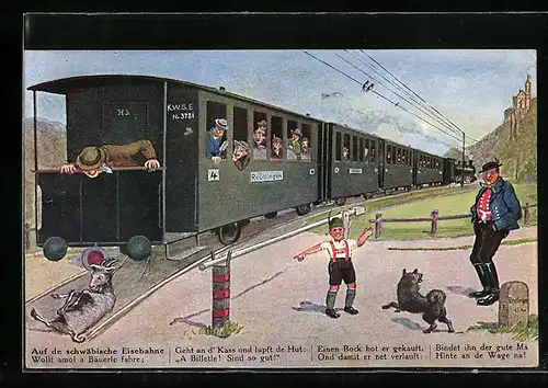 Künstler-AK Hans Boettcher: Schwäbische Eisenbahn, 1. Serie, Zug mit angebundenem Bock fährt los