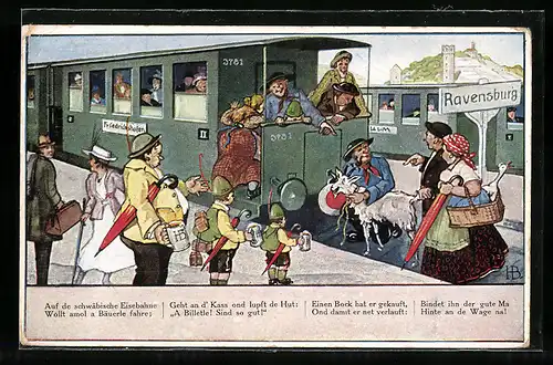 Künstler-AK Hans Boettcher: Schwäbische Eisenbahnen, Ravensburg, Mann bindet Ziegenbock am Zug fest