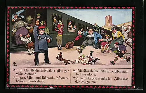 Künstler-AK Hans Boettcher: Auf de schwäbische Eisebahne! Ziege hängt am Zug