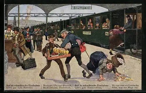 Künstler-AK Hans Boettcher: Stuttgart, Bahnhof, Page verkauft Getränke auf dem Bahnsteig, Schwäbische Eisenbahn