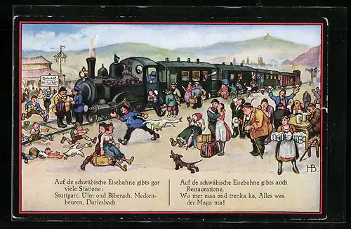 Künstler-AK Hans Boettcher: Menschen am Bahnhof, Text Auf de schwäbische Eisebahne