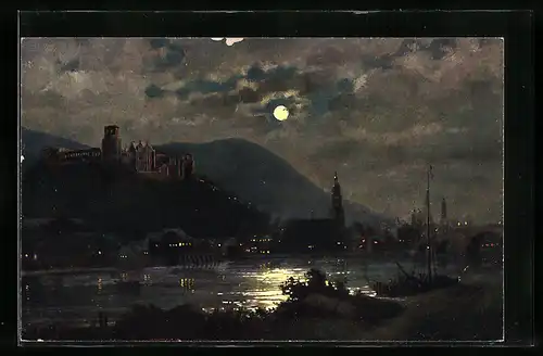Künstler-AK Heinrich Hoffmann: Heidelberg, Panorama mit Burg bei Mondschein