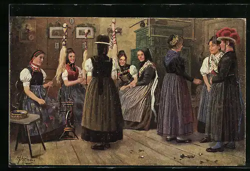 AK Schwarzwälderinnen in der Spinnstube in Trachten
