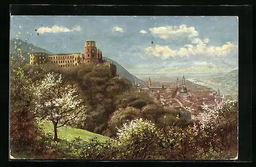 Künstler-AK Heidelberg, Blick zum Schloss über der Stadt