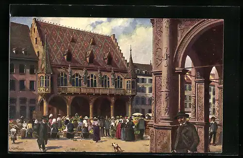 Künstler-AK Heinrich Hoffmann: Freiberg, Münsterplatz mit Kaufhaus