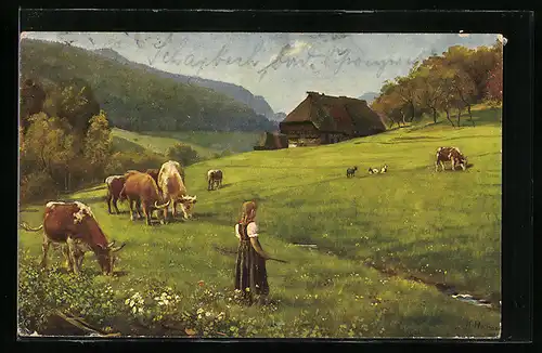 Künstler-AK H. Hoffmann: Mädchen auf der Wiese mit Kühen