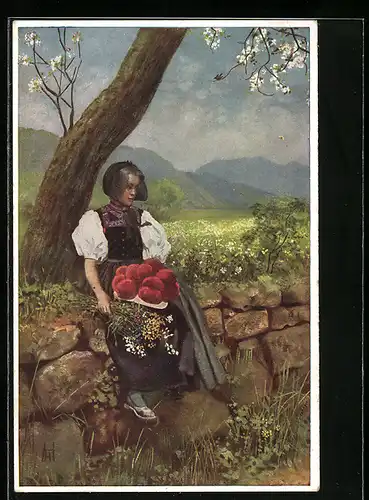AK Frühling im Schwarzwald, junge Gutacherin auf einer Mauer sitzend