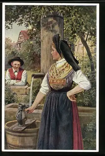 Künstler-AK Heinrich Hoffmann: Am Brunnen, Dame in Tracht