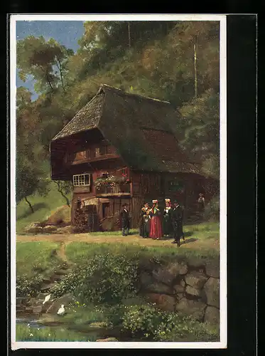 Künstler-AK H. Hoffmann: Landhaus mit Leuten am Bach