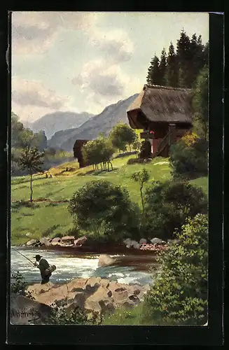 Künstler-AK H. Hoffmann: Wolfach, Hütte am Waldrand, Angler am Fluss