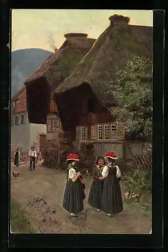 Künstler-AK H. Hoffmann: Schwarzwälderinnen plaudern auf einer Dorfstrasse