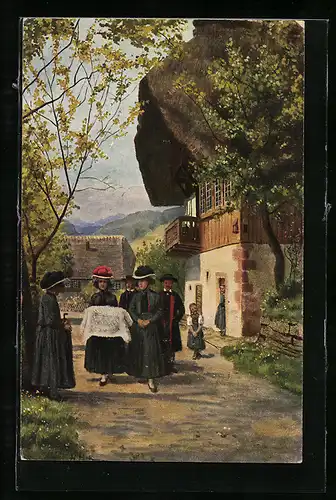 Künstler-AK H. Hoffmann: Kindtaufe, Mutter trägt ihr Baby zur Kirche