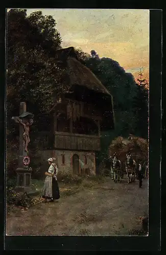 Künstler-AK Heinrich Hoffmann: Heimkehr von der Ernte, Dankgebet am Wegkreuz
