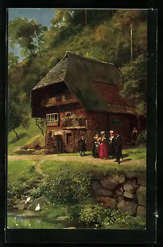 Künstler-AK H. Hoffmann: Landhaus mit Leuten am Bach