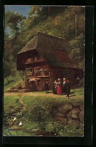 Künstler-AK H. Hoffmann: Landhaus mit Leuten am Bach