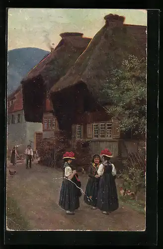 Künstler-AK H. Hoffmann: Schwarzwälderinnen plaudern auf einer Dorfstrasse