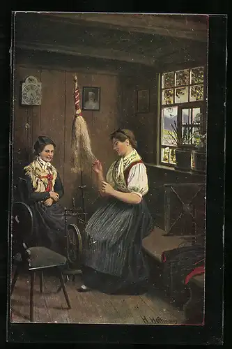Künstler-AK Heinrich Hoffmann: Zwei junge Frauen am Spinnrocken