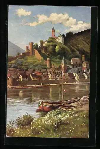 Künstler-AK Hirschhorn, Blick über den Neckar auf den Ort