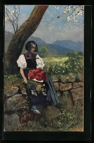 AK Frühling im Schwarzwald, junge Gutacherin auf einer Mauer sitzend
