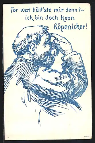 Künstler-AK Berliln-Köpenick, Dicker Mann tippt sich an die Stirn