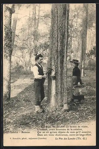 AK Landes, Résinier, Poème Le Pin des Landes, ein Harzerpaar beim Anschneiden der Baumrinde