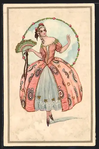 AK junge Dame in Kleid mit Fächer