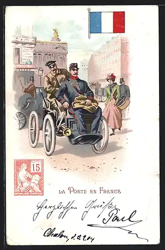 Künstler-AK Brief, Landesflagge, La Poste en France, der motorisierte Postwagen