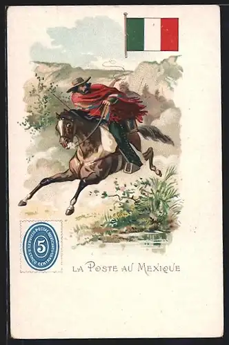 Lithographie La Poste au Mexique, Mit Poncho bekleideter Postbote reitet geschwind durch die Landschaft