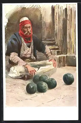 Künstler-AK Nosnje dubrovacke okolice slikao, Arbanasi prodaju lubenice, albanischer Obstverkäufer