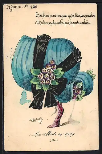 Künstler-AK sign. Roberty: Dame hinter riesigem blauen Hut, Mode von 1909