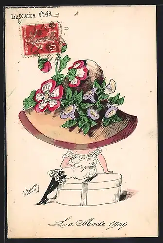 Künstler-AK sign. Roberty: Frau mit übergrossem Hut sitzt auf einer Hutschachtel