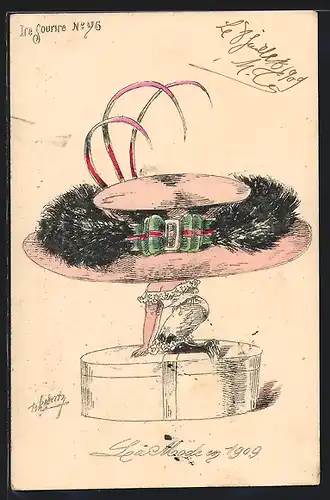 Künstler-AK sign. Roberty: Mode von 1909, grosser flacher Hut mit Federkranz
