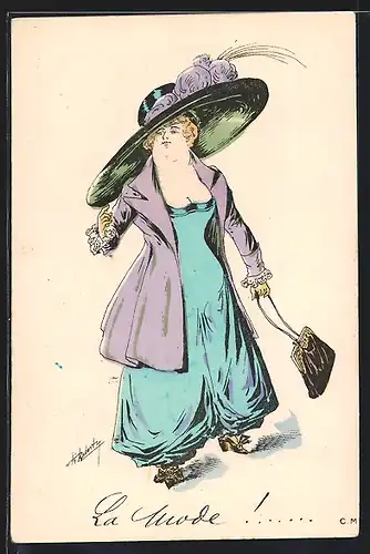 Künstler-AK sign. Roberty: Blonde Dame mit grossem grünen Hut und blauen weiten Hosenkleid