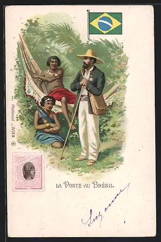 Lithographie Brasilien, La Poste, Briefmarke und Briefträger