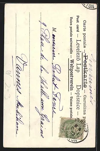 Lithographie Brasilien, La Poste, Briefmarke und Briefträger