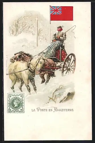 AK La Poste en Angleterre, Briefmarke, Fahne, Postbote mit Pferdekutsche im Winter
