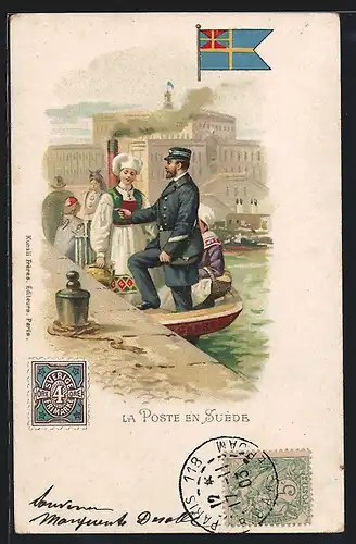 Lithographie Schweden, La Poste en Suède, Postbote entsteigt dem Fährboot