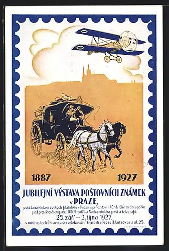AK Prag, Post-Ausstellung 1927, Postkutsche und Flugzeug in der Luft
