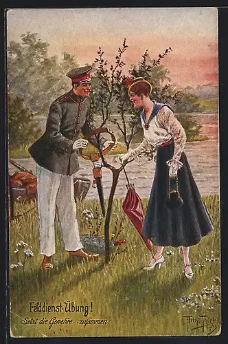 Künstler-AK A. Thiele: Soldat und Frau legen Sachen ab