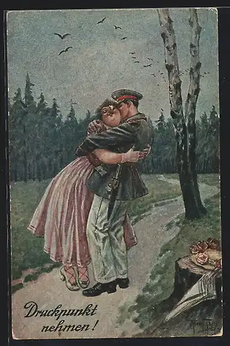 Künstler-AK Arthur Thiele: Soldat nimmt liebend seine Frau in den Arm