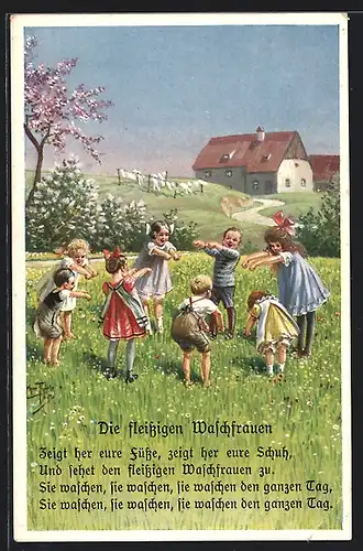 Künstler-AK Arthur Thiele: Kinder tanzen Die fleissigen Waschfrauen im Kreis