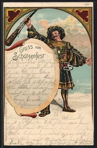 Lithographie Jäger in festlicher Kleidung mit Gewehr beim Schützenfest