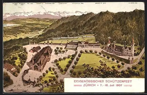 AK Zürich, Eidgen. Schützenfest 1907, Blick auf den Festplatz, Gebirgskette im Hintergrung