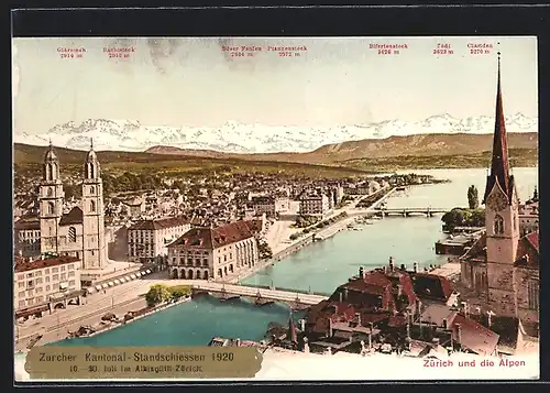 AK Zürich, Kantonal-Standschiessen 1920, Ortsansicht mit Brücken und Alpen